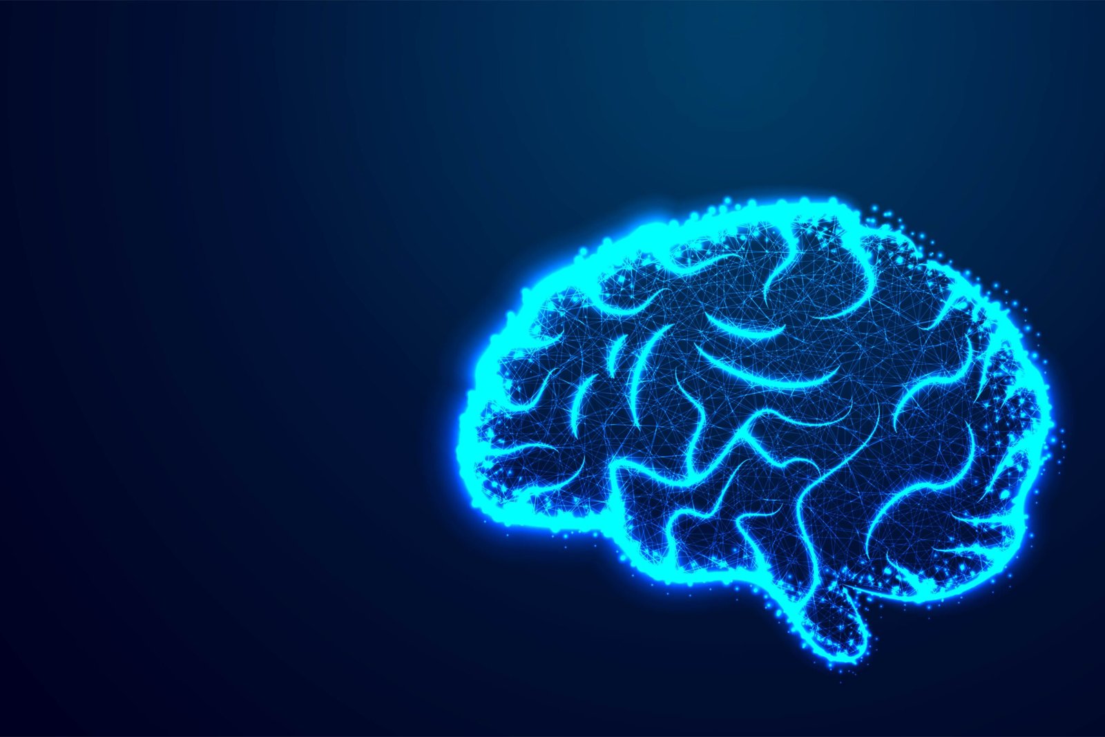 Abstract vector image of a human Brain . Low poly wire frame blue illustration. Best Idea Concept.